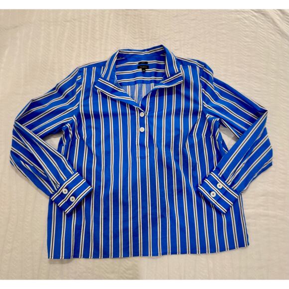 Talbots Easy Care Shirt Women's Large Blue White Black Stripes Coastal Nautical - Picture 5 of 15